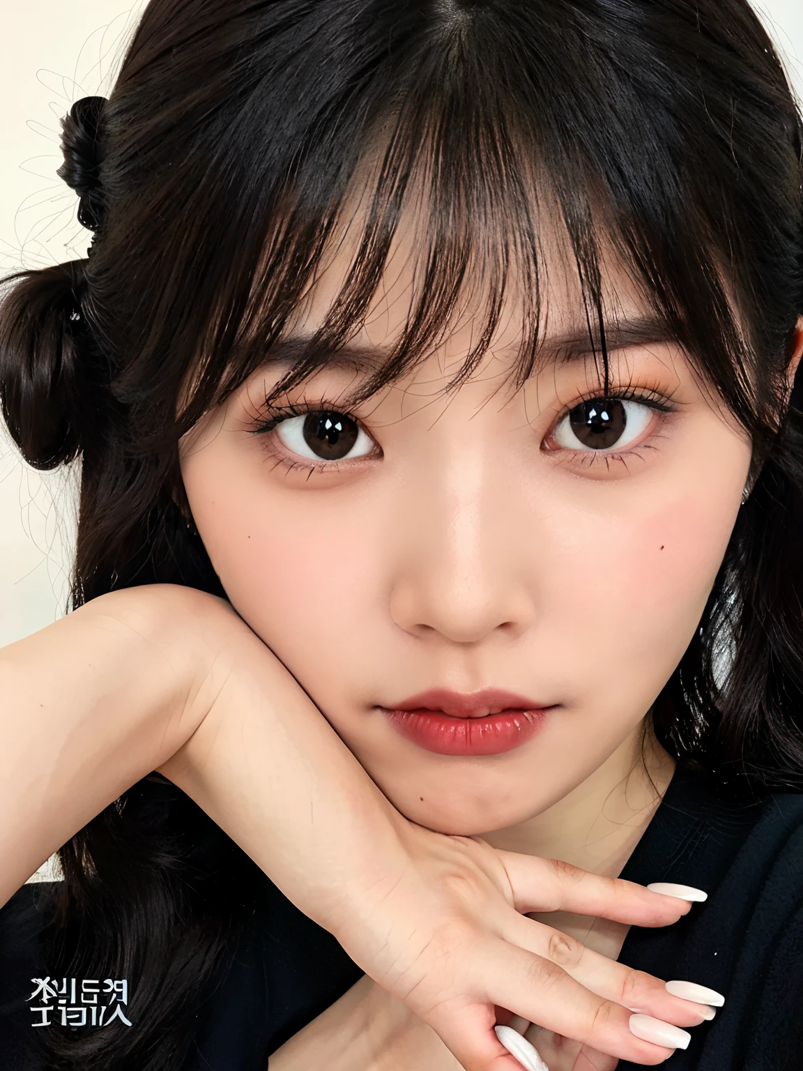 um close up de uma mulher com um cabelo preto e uma camisa branca, ela tem cabelo preto com franja, adorable and pale korean face, Shin, sui ishida com cabelo preto, Seulgi do Red Velvet