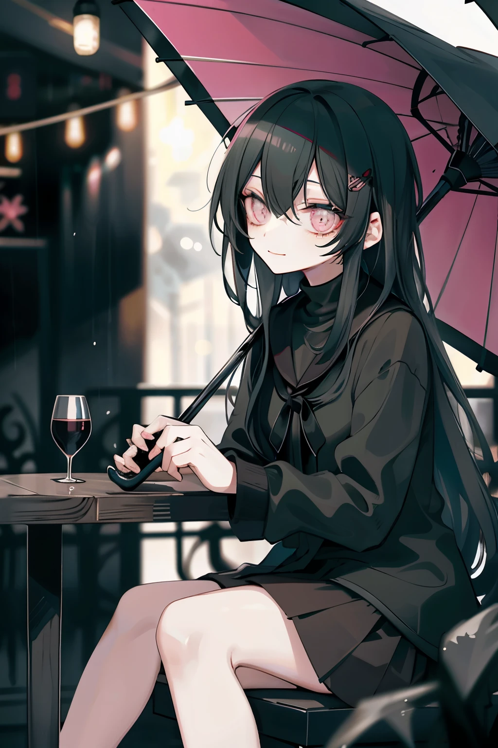 beautiful woman in black turtle neck sitting outside a fancy restaurant, dark pink long hair, night, raining and holding an umbrella, dark green, bad girl, evil, cute, happy