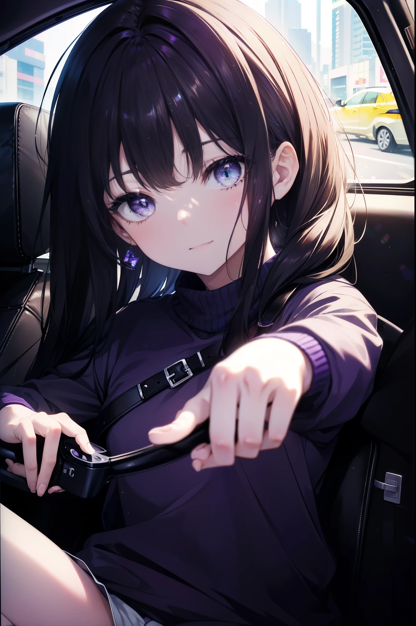 Takiuchi Kame, check it out, long hair, bangs, black hair, (purple eyes:1.2),smile,sweater,shorts,Sitting in the driver's seat of a car,holding the steering wheel,
black hairの女の子が運転する car, volvo v60 interior, Gonzo from the passenger seat, looking at the driver, anime girl driving, at night,
break indoors, Inside the car,
break (masterpiece:1.2), highest quality, High resolution, unity 8k wallpaper, (figure:0.8), (detailed and beautiful eyes:1.6), highly detailed face, perfect lighting, Very detailed CG, (perfect hands, perfect anatomy),