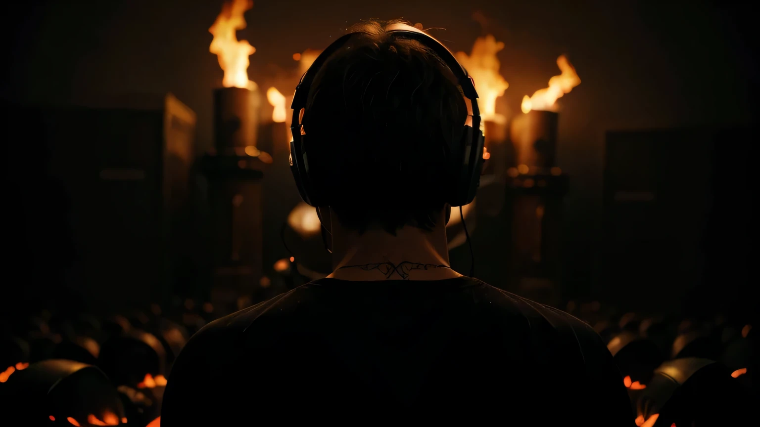 a man with headphone listening to music facing a big hellfire apolcalypse horror hellfire , scary , image from back , not closeup ,realistic , horror atmosphere , dark ambience