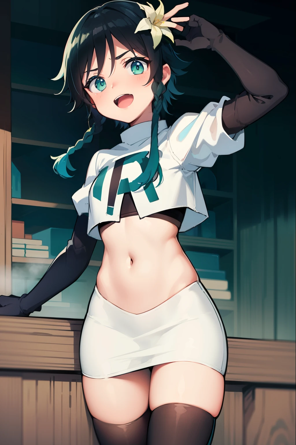 absurdres,venti,1boy, male focus, trap,black hair, green-blue hair, hair braid,hair flower,aqua green eyes,crossdressing,1boy,team rocket,team rocket uniform,white skirt,red letter R,crop top,black thigh-highs,black elbow gloves, laughing,happy, blush