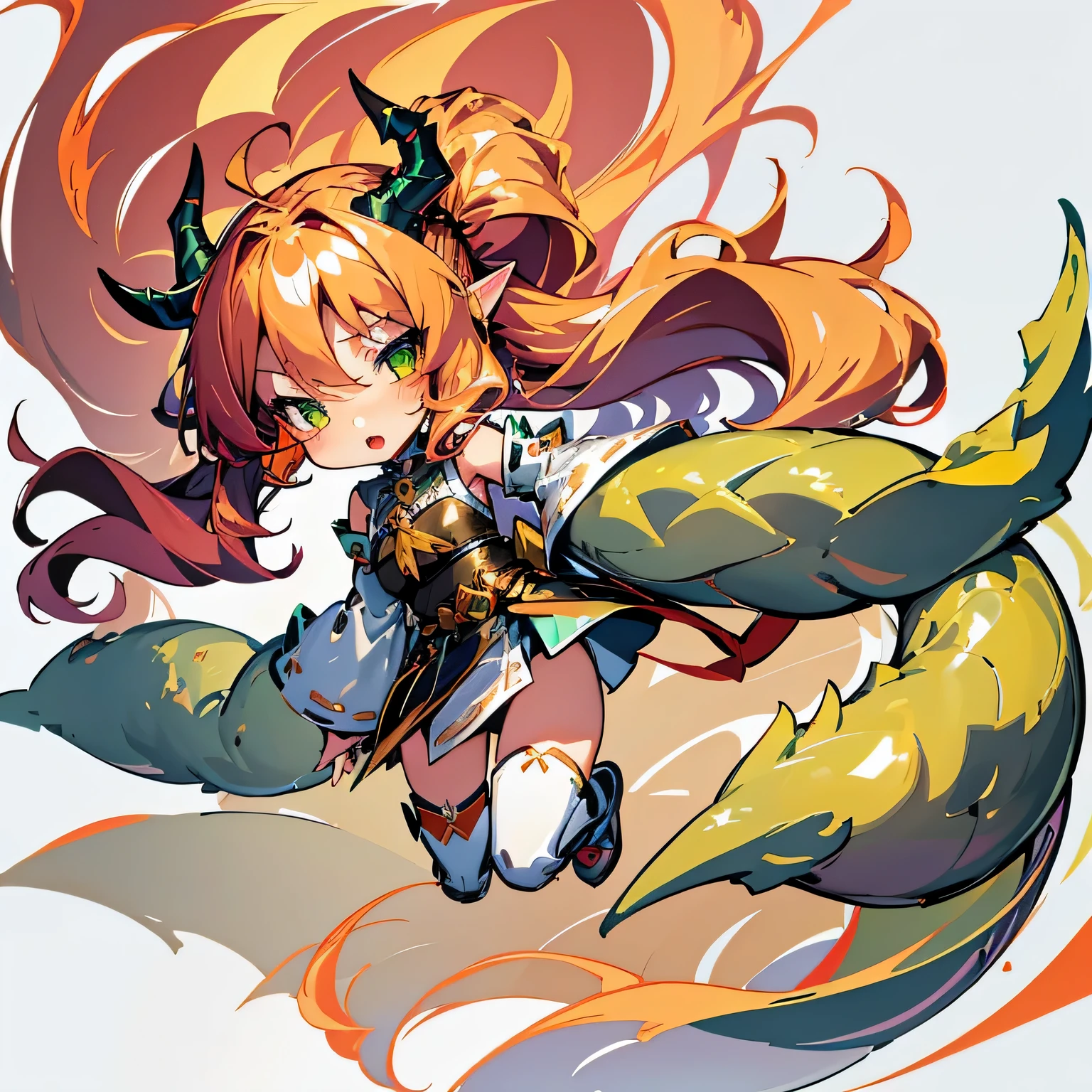 masterpiece, {{{best quality}}}, (illustration)), {{{extremely detailed CG unity 8k wallpaper}}}, 1girl,  solo,  horns,  green eyes,  tail,  detached sleeves,  long hair,  pointy ears,  chibi,  dragon tail,  full body,  thighhighs,  looking at viewer,  white background,  long sleeves,  bangs,  blush,  parted lips,  dragon horns,  simple background,  open mouth, (best quality, Chibi anime,  masterpiece),Chibi anime