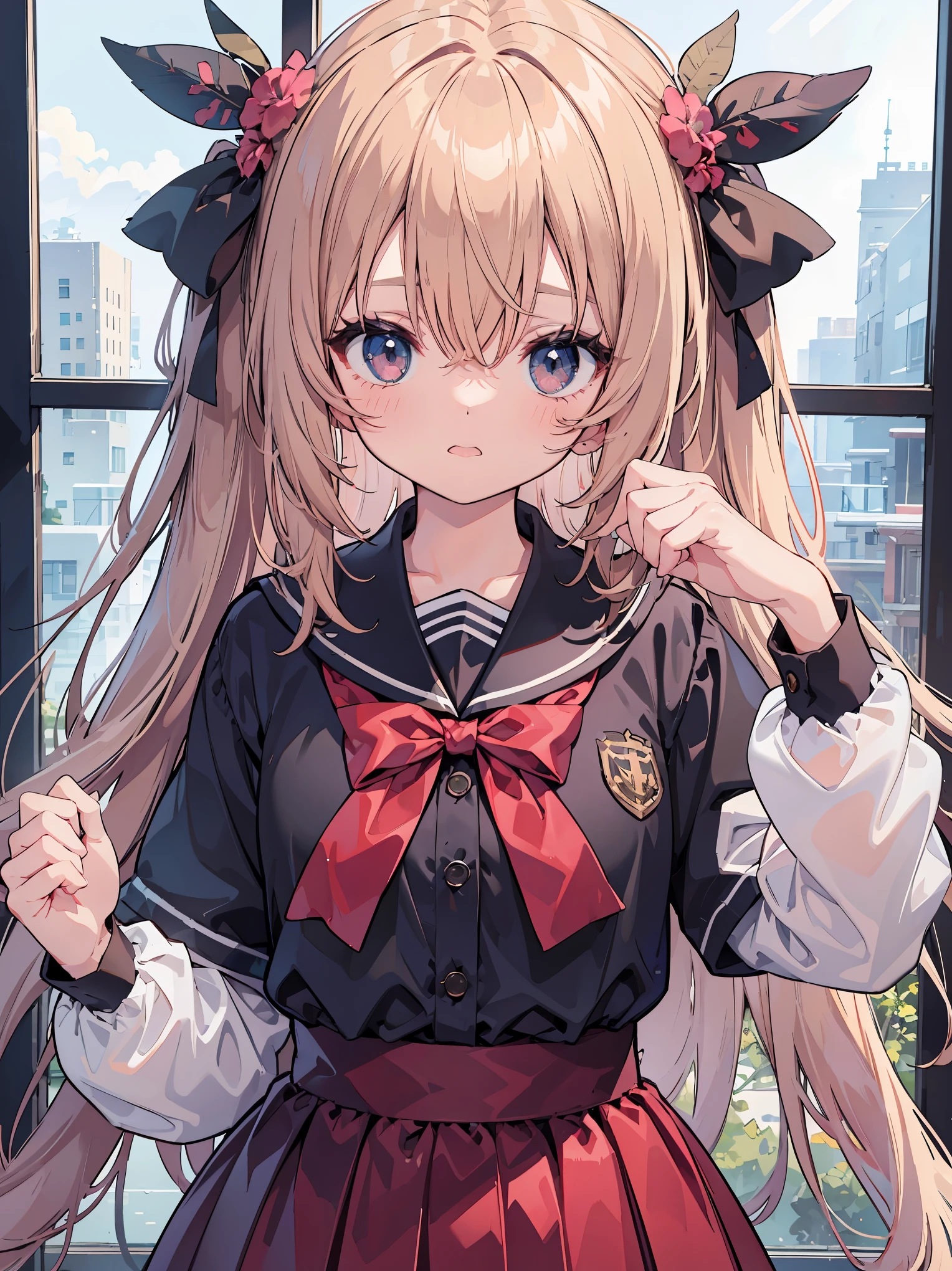 1girl in、The shirt、skirt by the、()、Putting up with、In the midst of patience、Upper body portrait、