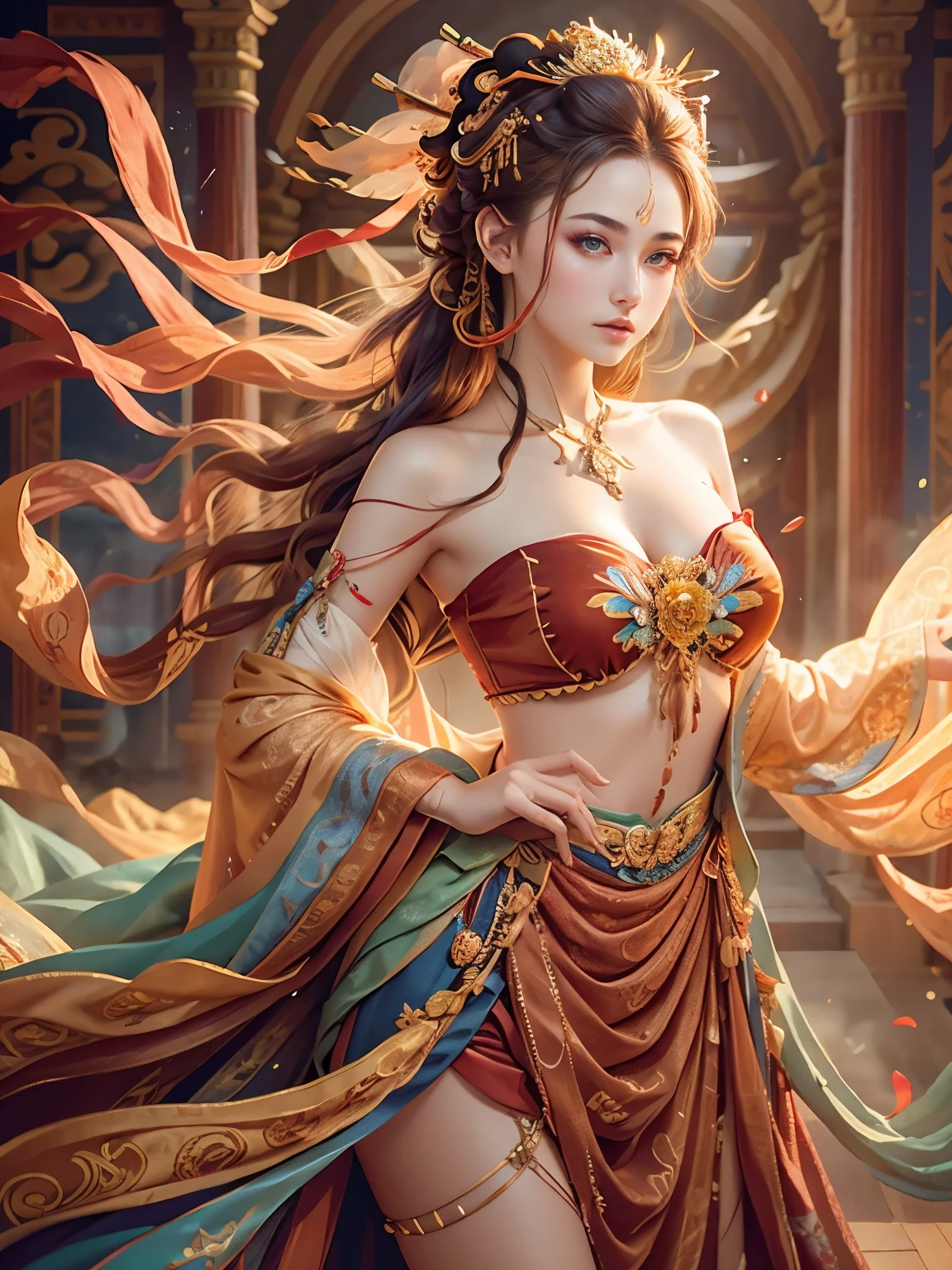 Best quality,masterpiece,ultra-detailed high res,(photorealistic:1.4),raw photo,,illustration,
1girl dancing,(solo:1.2),(cowboy shot:1.2),(hair crown:1.2),Traditional chinese dunhuang style clothes,Strapless,(red eyeliner:1.2),(big breasts:1.4), (v-neck:1.5), (big necklace:1.4), lace armour, (beautiful eyes :1.4), looking at viewer, earrings,dynamic angle,Opera House,messy_long_hair,ink,cinematic lighting,lens_flare,Velvet,chrysanthemum,Tassel,Ribbon,color embroidery, white gold pink blue violet