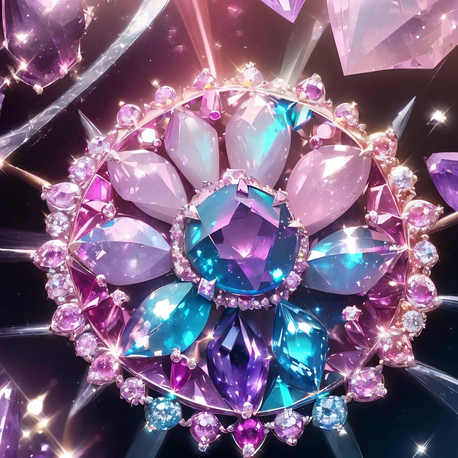 best quality, 32k, (sparkling, shining brightly, ruby, pink sapphire, blue topaz, emerald, amethyst, diamond, crystal, rainbow moonstone, white opal:1.4)