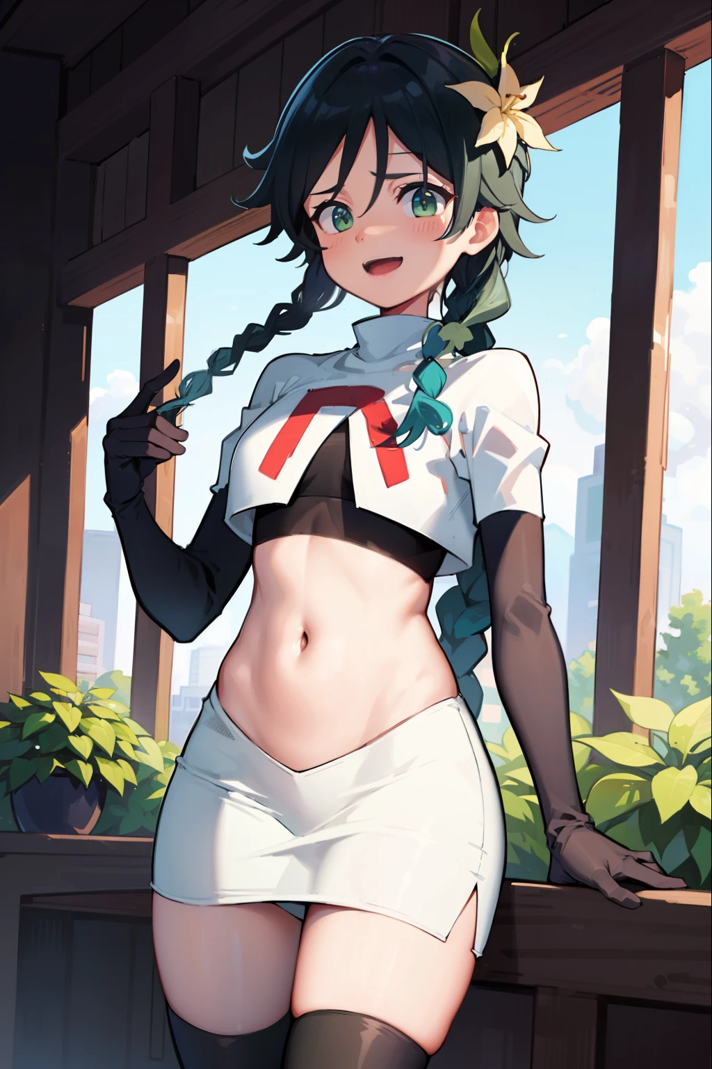 absurdres,venti,1boy, male focus, trap,black hair, green-blue hair, hair braid,hair flower,aqua green eyes,crossdressing,1boy,team rocket,team rocket uniform,white skirt,red letter R,crop top,black thigh-highs,black elbow gloves, laughing,happy, blush