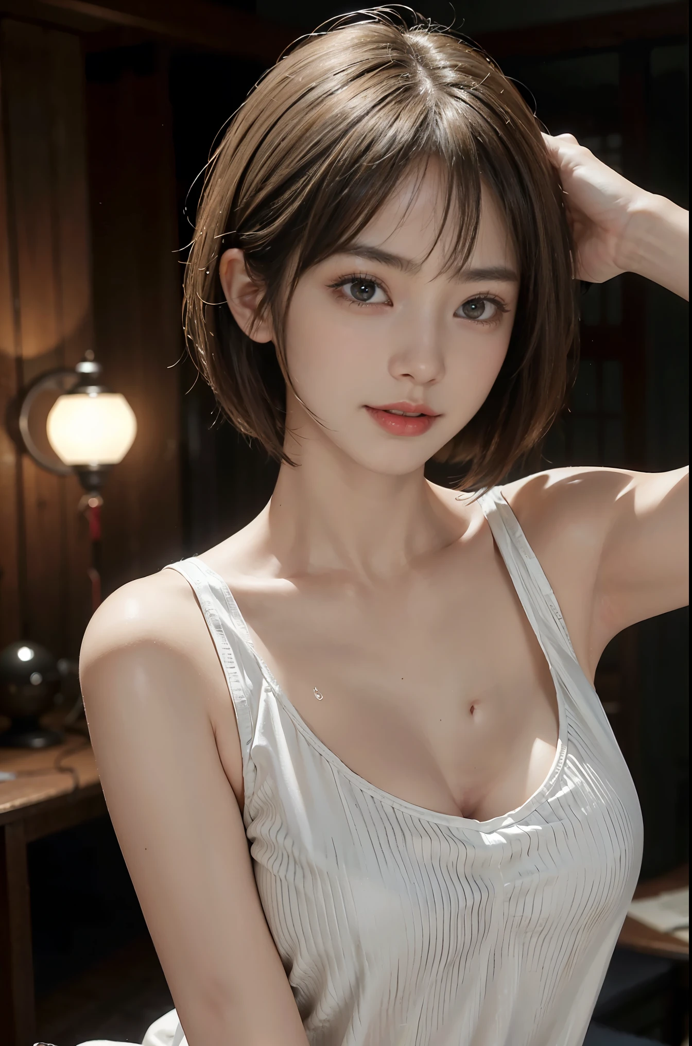 (surreal), (enlightenment), (High resolution), (8k), (very detailed), (The best enlightenmentns), (beautiful and fine eyes), (highest quality), (super detailed), (masterpiece), (detailed face), droopy eyes,full of sweat, whole body,armpit,brown short bob cut hair,inner color,alone,Beautiful girl with small breasts wearing a loose tank top、small breast girl, Japanese, big breasts, smile