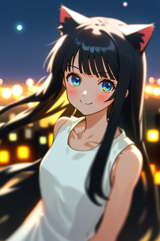 1 girl/ 😃/ cat ear/ Blue eye's/ (Black long hair)/// ((White sleeveless dress/ one-piece dress))/ Night city/ 🌌/ collarbone/ Bokeh/ Blurred Backgrounds/ depth of field/ Aerial perspective/ upper body/ Face in focus/ looking at viewer/