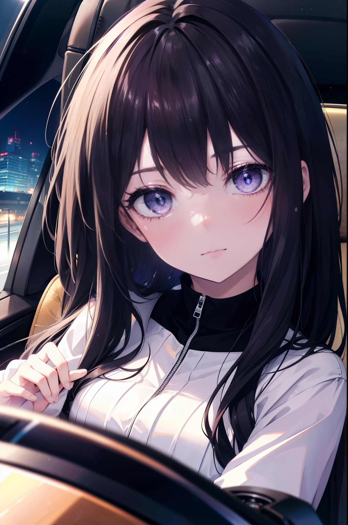 Takiuchi Kame, check it out, long hair, bangs, black hair, (purple eyes:1.2),smile,sweater,shorts,Sitting in the driver's seat of a car,holding the steering wheel,
black hairの女の子が運転する car, volvo v60 interior, Gonzo from the passenger seat, looking at the driver, anime girl driving, at night,
break indoors, Inside the car,
break (masterpiece:1.2), highest quality, High resolution, unity 8k wallpaper, (figure:0.8), (detailed and beautiful eyes:1.6), highly detailed face, perfect lighting, Very detailed CG, (perfect hands, perfect ???????),