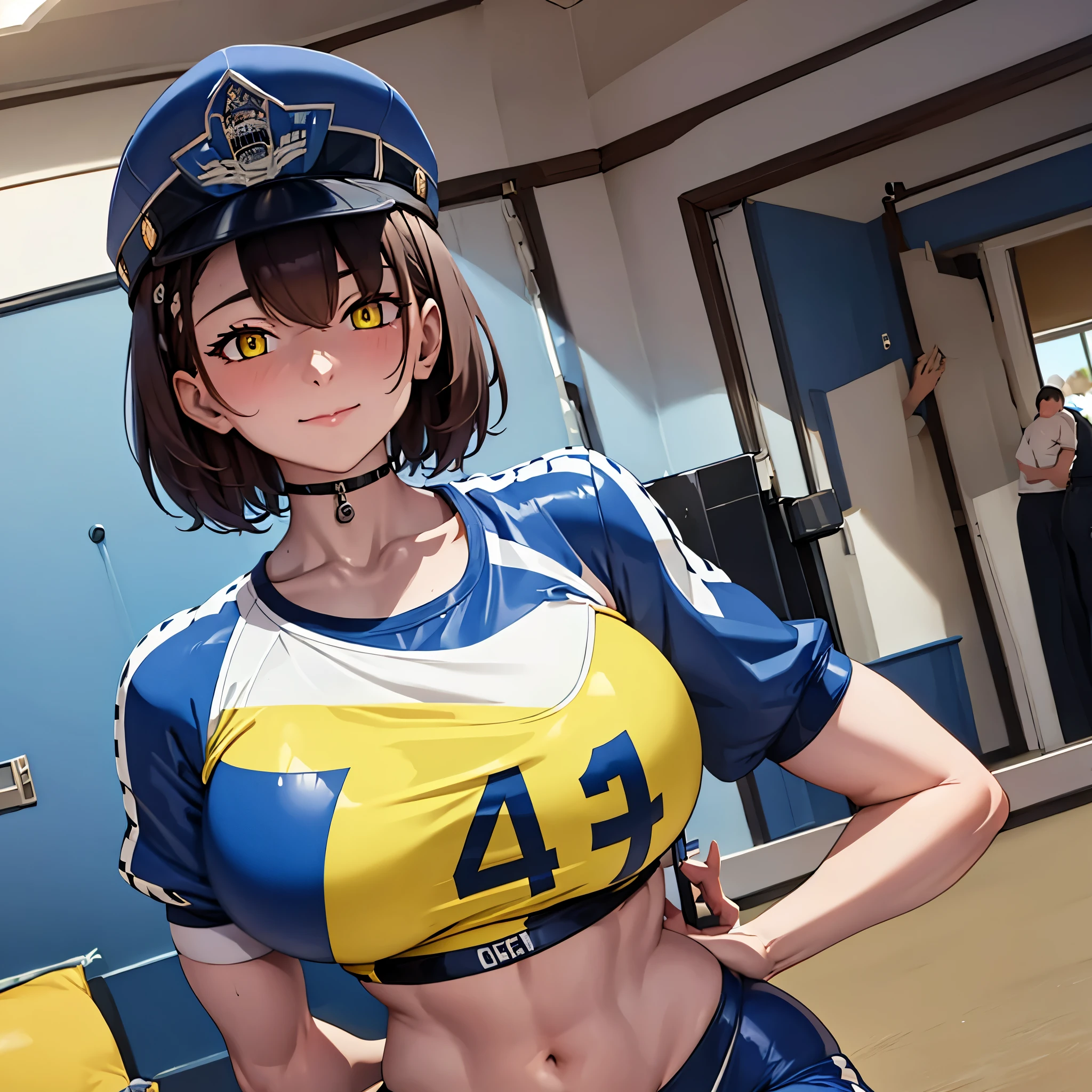 a woman in sports uniform in a gym, yellow eyes
