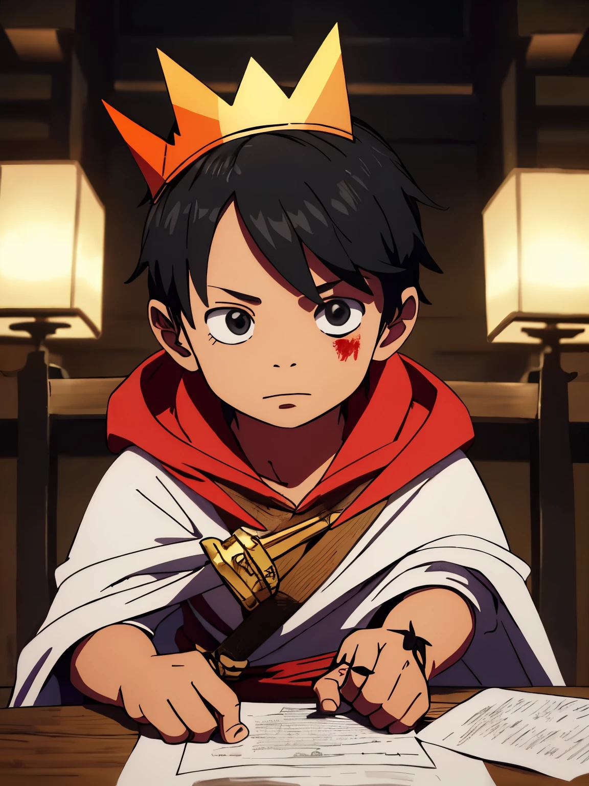 A wearing a paper crown,Holding a paper-folded sword in his hand and holding a bloody cloak