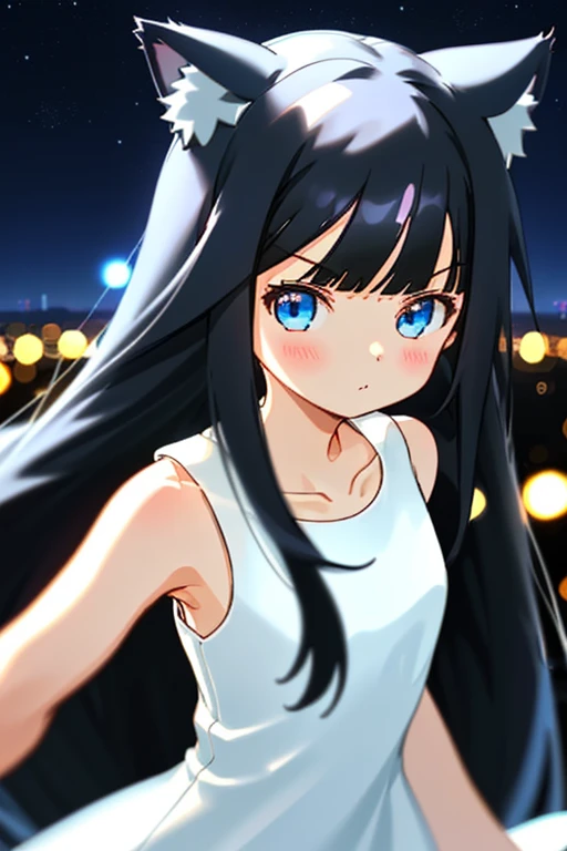 1 girl/ 😃/ cat ear/ Blue eye's/ (Black long hair)/// ((White sleeveless dress/ one-piece dress))/ Night city/ 🌌/ collarbone/ Bokeh/ Blurred Backgrounds/ depth of field/ Aerial perspective/ upper body/ Face in focus/ looking at viewer/