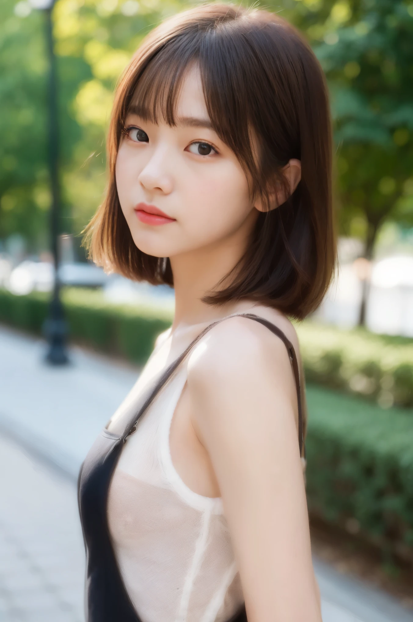 Masterpiece、Raw photography、(((Ultimate Beauty Portrait)))、((glistning skin))、close mouth、no mask、dark brown eye、teen、Highschool girl、16years old,natural make,(Short bob)、((​masterpiece、top-quality、ultra-detailliert、intricate-detail、hight resolution、ighly detailed))、Detailed background、8KUHD、Digital SLR、Soft light、hightquality 、Shallow depth of field、natural soft light、wet ultrathin white t-shirt、breast is transparent、nipples are transparent、don't wear a bra、fullbody、up to the waist