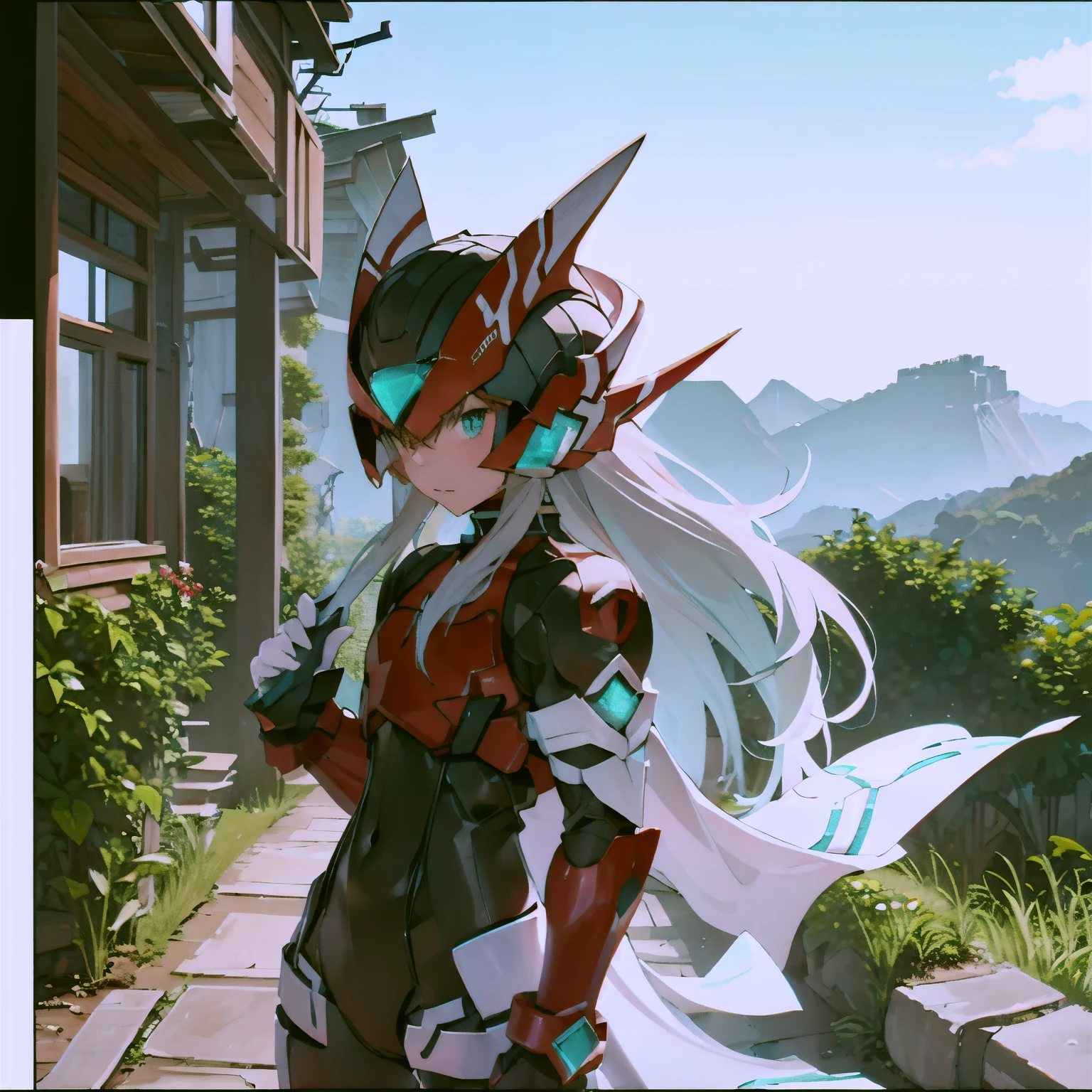 megzeromyth2023,1boy, long white hair, red armor, green energy sword, 8k, uhd, best quality, masterpiece, intricate, overlooking the ocean on the edge of a rock, in the style of avian-themed, realistic yet stylized, villagecore, azure, orange and azure, dragoncore, aerial view