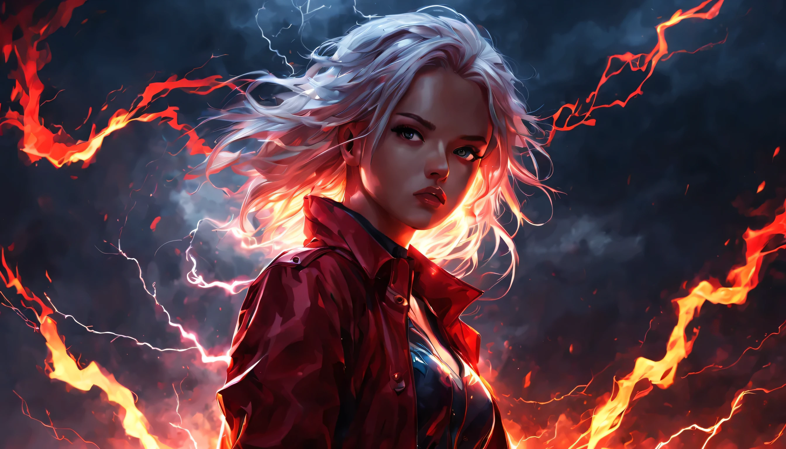 (Best quality,4k,8K,A high resolution,Masterpiece:1.2),girl,portrait,anime style,a storm,lightning,Red color,fire,portrait