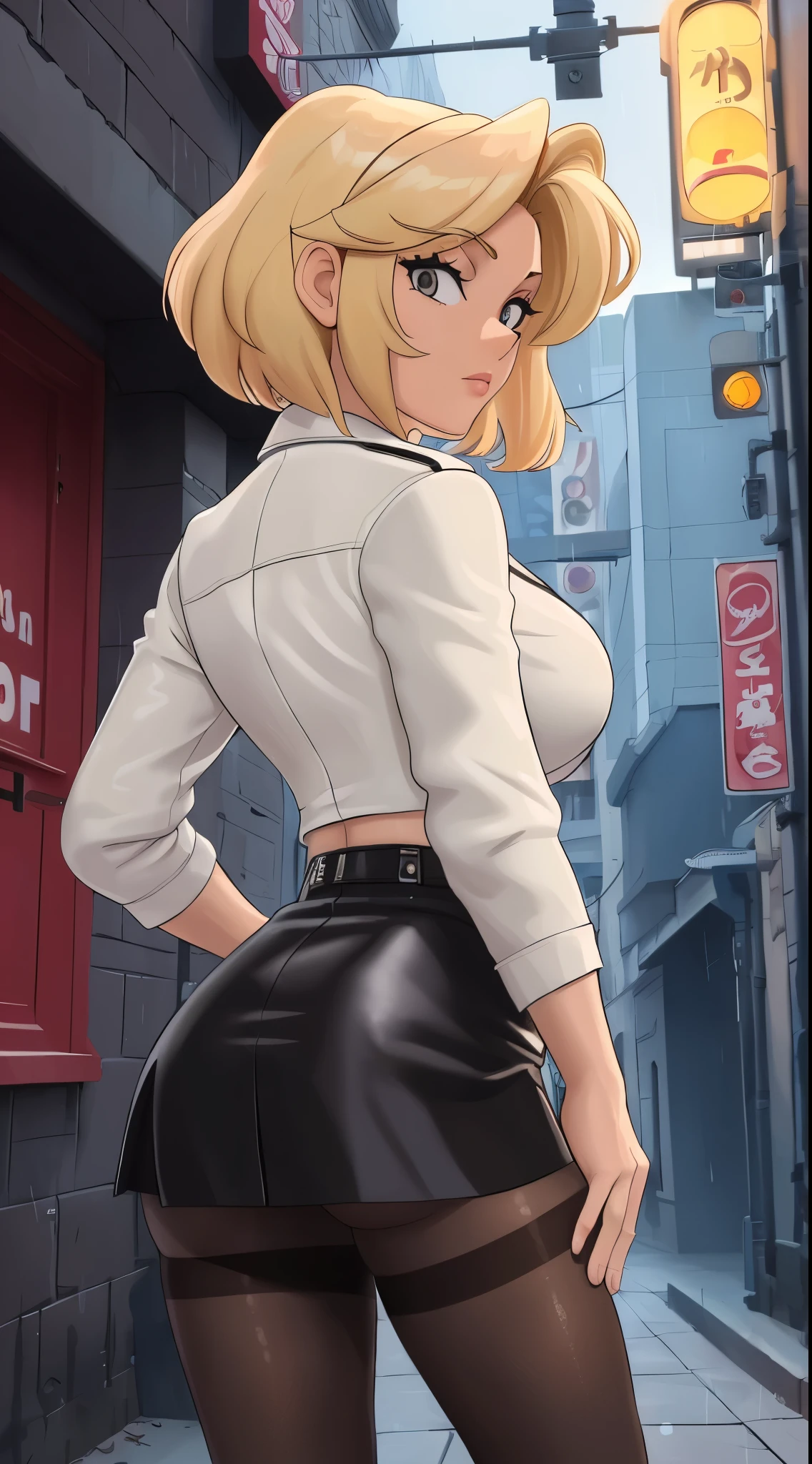 ((masterpiece, best quality)),solo,1girl, loriloud,  loud, large breasts, highres, blonde hair, short hair, detailed, soft lighting, outdoors, pantyhose, lingerie, black skirt, black leather jacket, white shirt, background : alleyways, rear view, noir, dark and mysterious, raining, American city