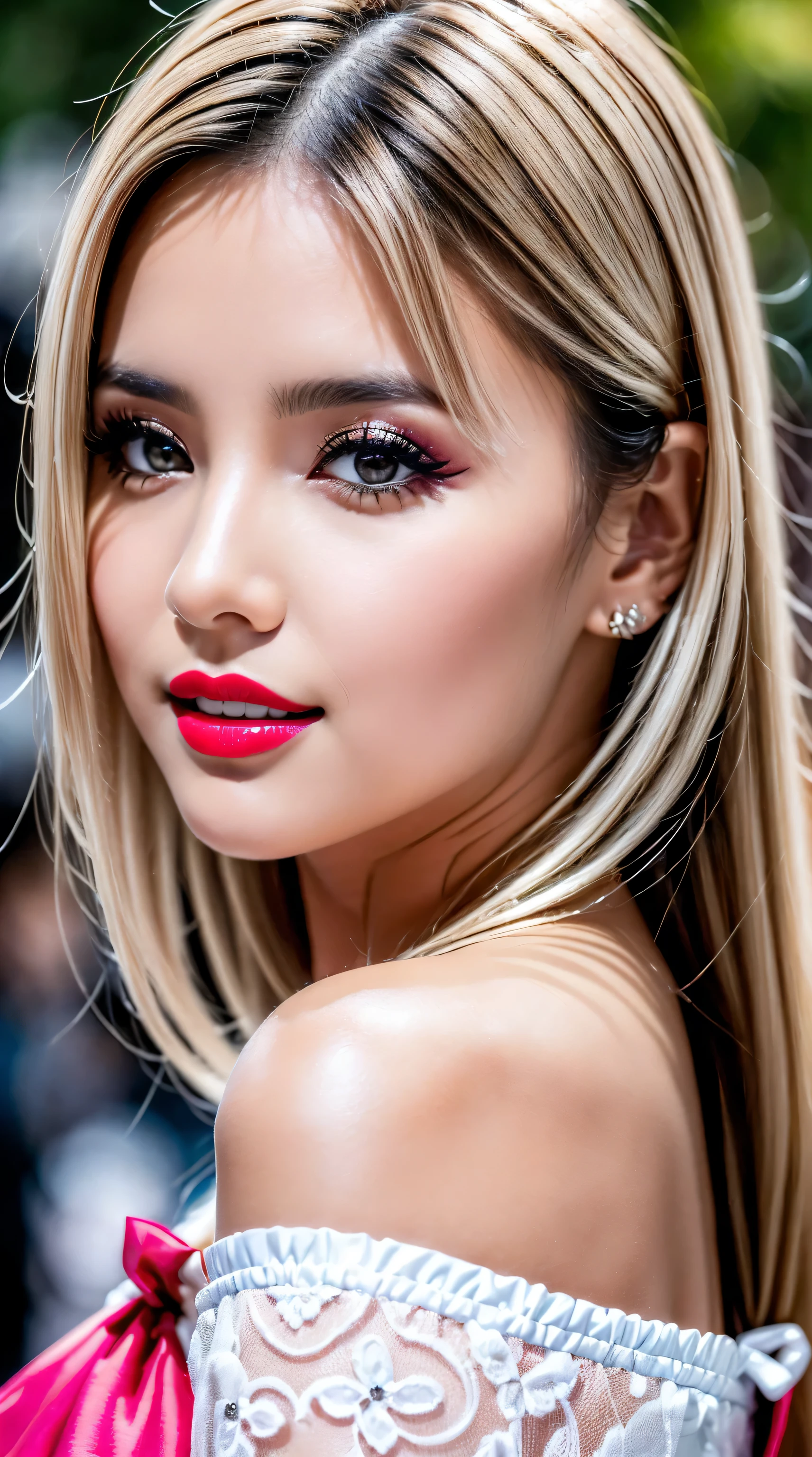 ((perfect round eyes))、dressed, ((Black, long, lace-up dress with lace white accessories)), (Ultra-realistic最high quality), (photo realistic:1.65), (realistic:1.65), (smoother lighting:1.05), (increase cinematic lighting quality:0.9), 32K, 1girl,25yo girl, realistic lighting, light on face, (finely detailed eyes), finely detailed face, (finely quality eyes:1.1), (detailed lips:1.33)、(Detailed nose:1.2), (Increase body line mood:1.1), (Increase skin texture beauty:1.1), (pink_makeup:1.37), long_blue_eyeliner:1.42, (red_lipstick:1.32), iridescent eyes, with professional makeup, vibrant eyes:1.11, ((Glamour, paparazzi taking pictures of her)), ((very complicated Extravagant street outfit)), The attention to detail, Double eyelids, Wear an off-the-shoulder top, full bodyesbian,((Medium White hair:1.35)), ((brown_eyes:1.6)), contrast、dark shot:1.08、The ultra -The high-definition, (close-up)