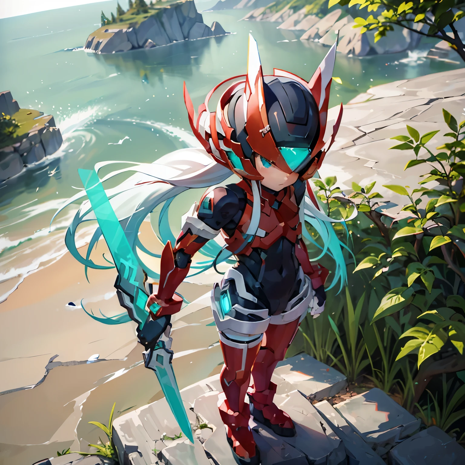 megzeromyth2023,1boy, long white hair, red armor, green energy sword, 8k, uhd, best quality, masterpiece, intricate, overlooking the ocean on the edge of a rock, in the style of avian-themed, realistic yet stylized, villagecore, azure, orange and azure, dragoncore, aerial view