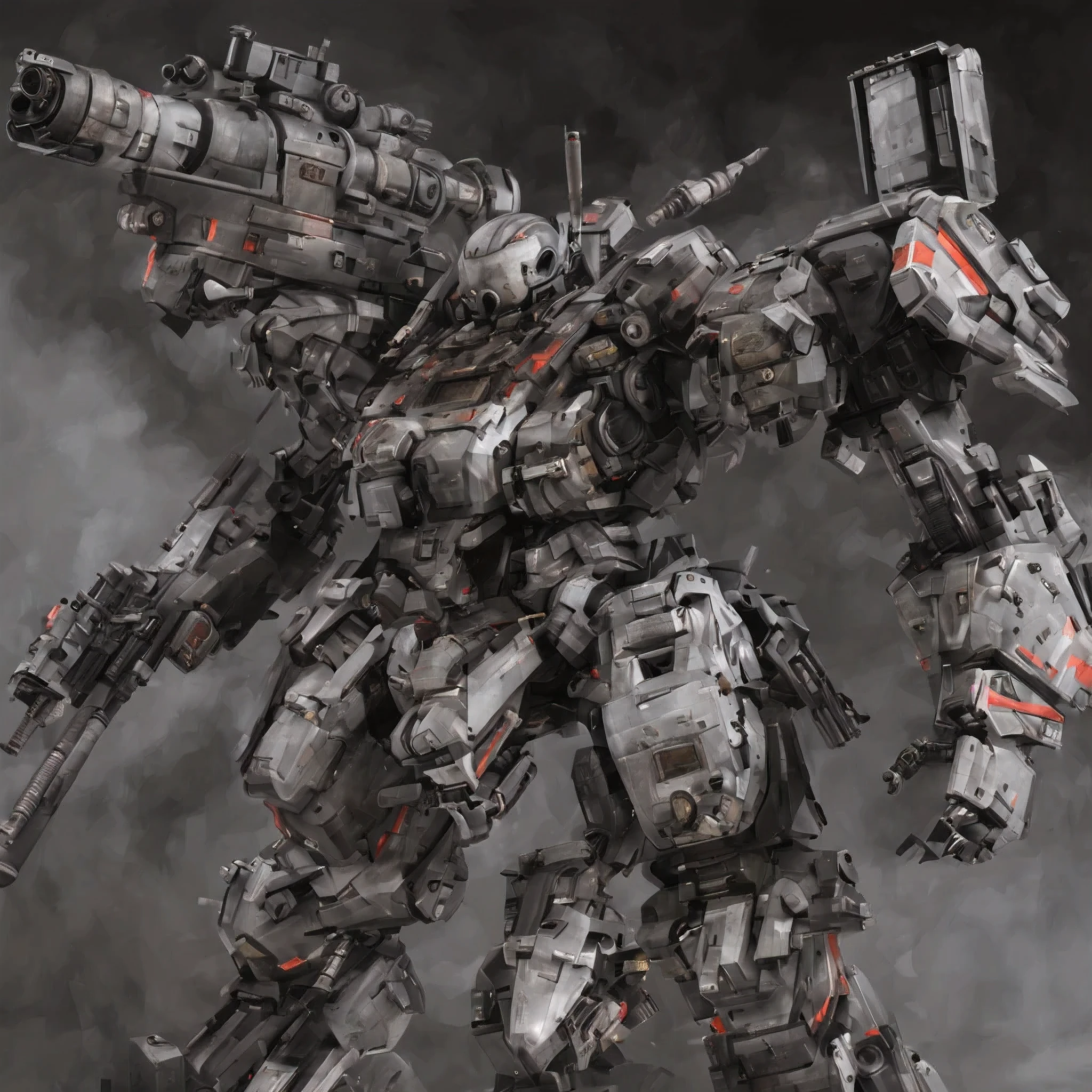 A giant robot is standing, calm head, combat readiness, rifle, missile pod, machine gun, Huge cannon, very detailed, battlefield, fire, cigarette, explosion, armored core style,