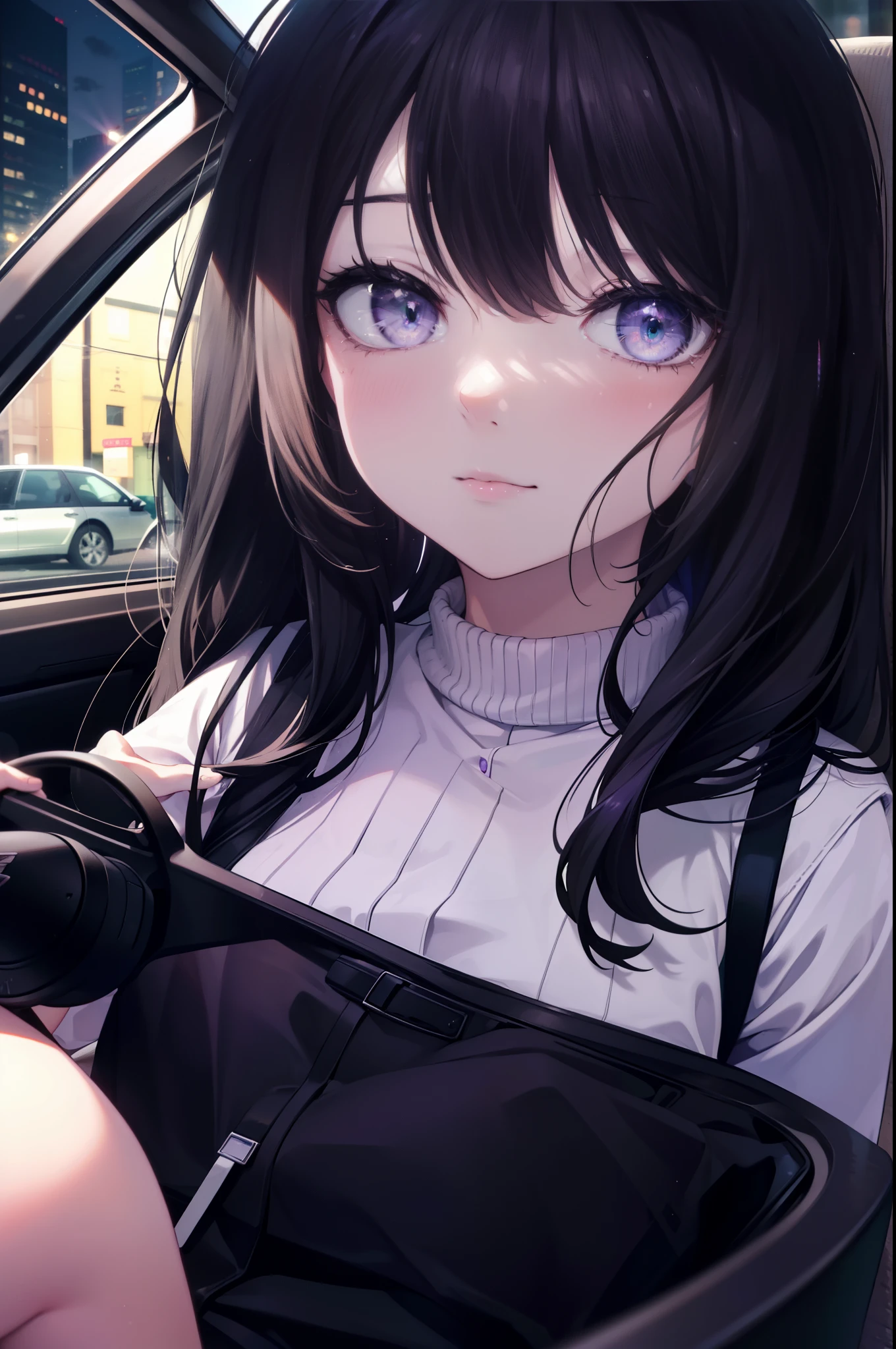 Takiuchi Kame, check it out, long hair, bangs, black hair, (purple eyes:1.2),smile,sweater,shorts,Sitting in the driver's seat of a car,holding the steering wheel,
black hairの女の子が運転する car, volvo v60 interior, Gonzo from the passenger seat, looking at the driver, anime girl driving, at night,
break indoors, Inside the car,
break (masterpiece:1.2), highest quality, High resolution, unity 8k wallpaper, (figure:0.8), (detailed and beautiful eyes:1.6), highly detailed face, perfect lighting, Very detailed CG, (perfect hands, perfect anatomy),