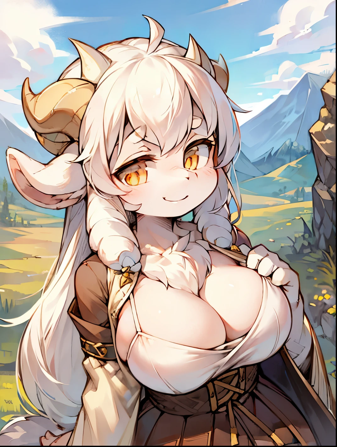 Panoramic outdoor views，Goat Girl，female focus，hairy woman，Furry loli，goat horns，sheep ears，white hair，Bright Eyes，Smile，