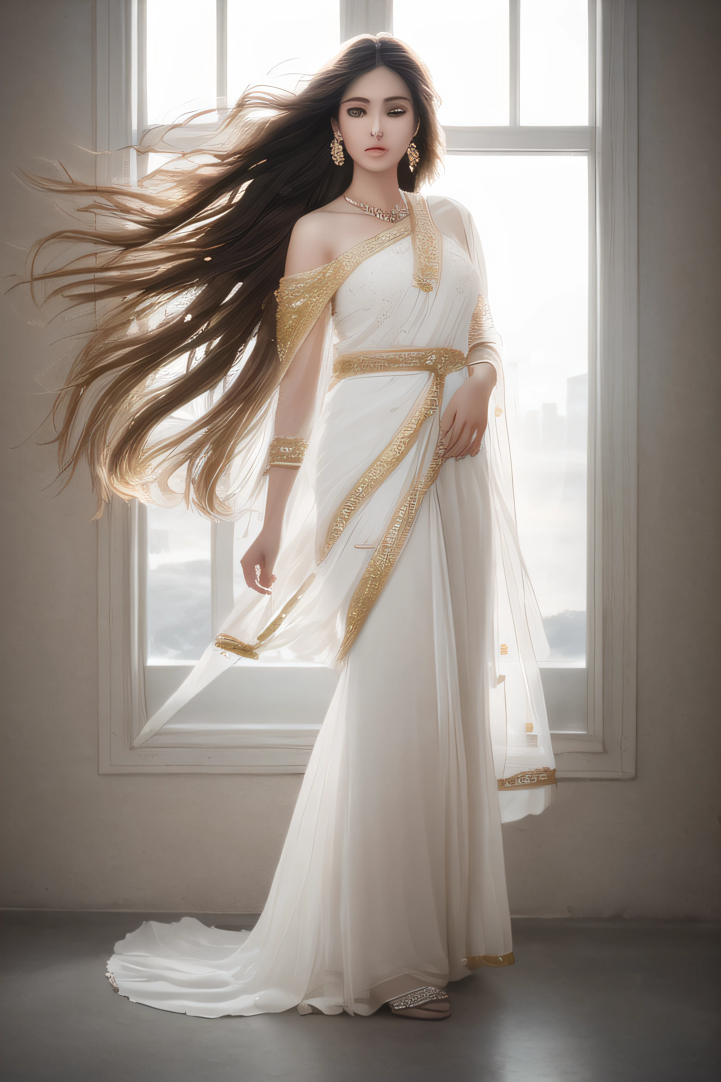 Ethereal high fashion portrait, ((full body portrait)), ethereal glowing model, detailed eyes, Angelic gold and white dress, floating chiffon, delicate lace details, soft focus, dreamy, golden hour lighting, wind-blown hair, Indian hair_jewellery, gemstones, subtle lens flare, mesmerizing gaze, minimalist background, window, understated elegance