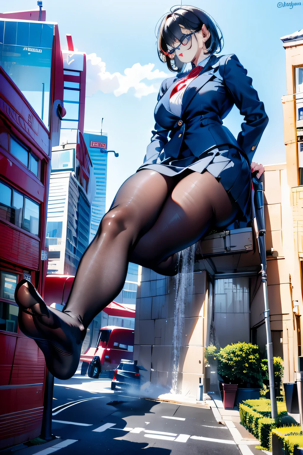 Giantの芸術, 非常に詳細なGiantショット, Giant, short hair, A high school girl who is much bigger than a skyscraper, wearing rimless glasses, big breasts, big ass, navy blazer, red tie, mini skirt, black pantyhose, pantyhose barefoot, Steam comes out from the soles of the feet, very small metropolis, miniature metropolis, Masturbates by pressing genitals against the roof of a building., full body description, ＧＴＳ, ギガGiant, crash city, small town, micro city, High resolution, highest quality, masterpiece, 