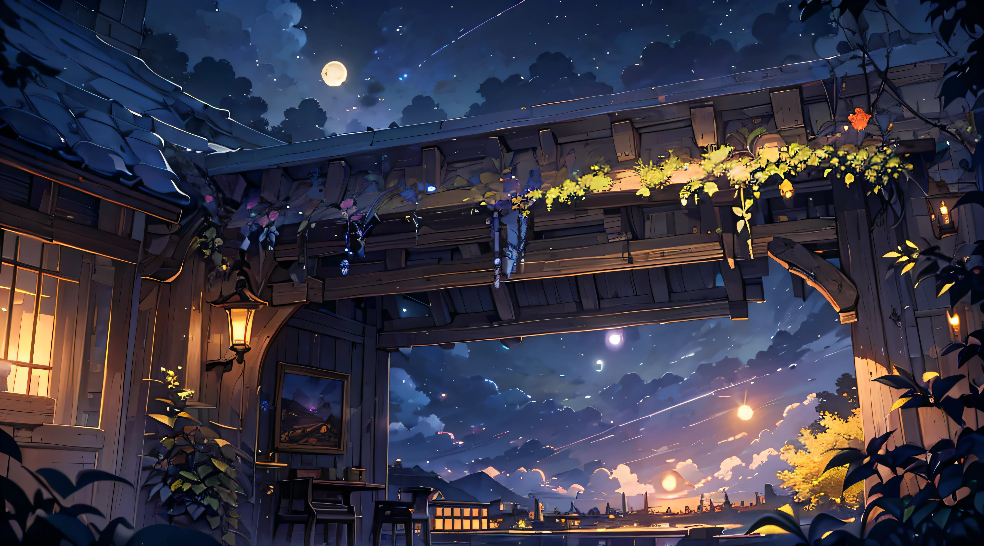 Xin Haicheng, vast landscape photos , (view from below,Displays the sky above and the clearing below), (full moon:1.2), ( meteor:0.9), (nebula:1.3), Deng Deng, lots of purple and orange, intricate details, Volumetric lightingBREAK (masterpiece:1.2), (best quality), 4k, Super detailed, (dynamic composition:1.4), Very detailed, Colorful details,( rainbow colors:1.2), (noctilucent lighting, mood lighting), Dreamy, magic, (alone:1.2)