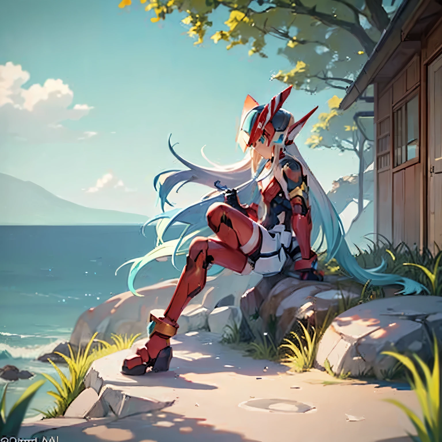 megzeromyth2023,1boy, long white hair, red armor, green energy sword, 8k, uhd, best quality, masterpiece, intricate, overlooking the ocean on the edge of a rock, in the style of avian-themed, realistic yet stylized, villagecore, azure, orange and azure, dragoncore, aerial view
