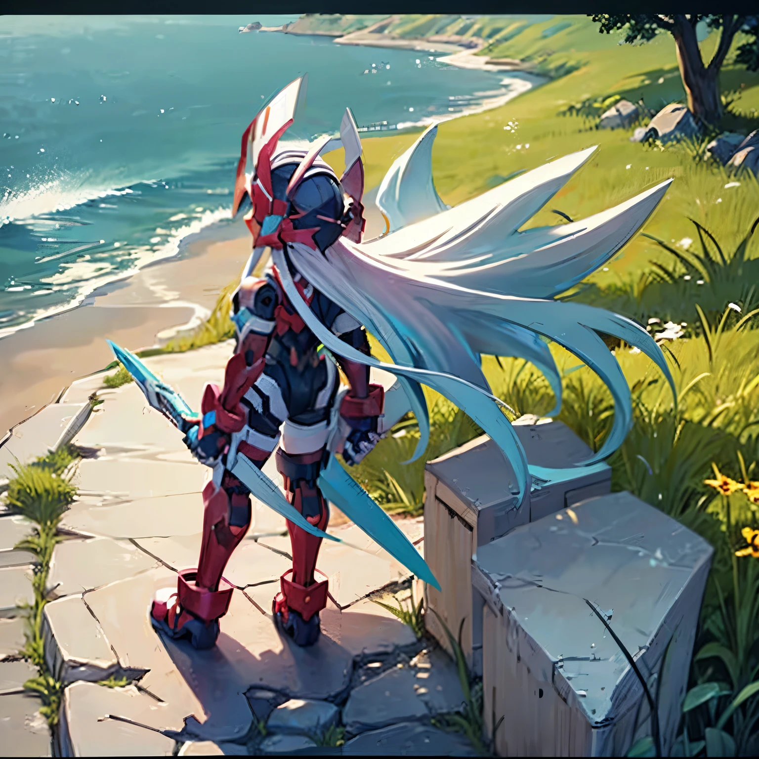 megzeromyth2023,1boy, long white hair, red armor, green energy sword, 8k, uhd, best quality, masterpiece, intricate, overlooking the ocean on the edge of a rock, in the style of avian-themed, realistic yet stylized, villagecore, azure, orange and azure, dragoncore, aerial view