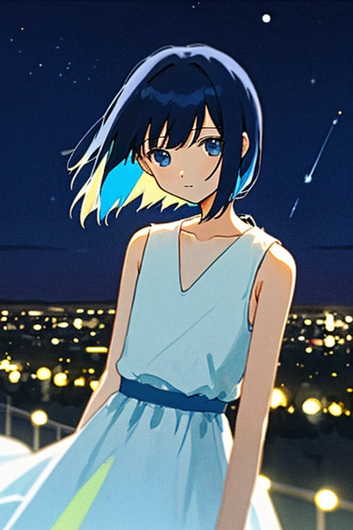 1 👧➕🙂/ upper body/ Eye's➕🌌/ looking at viewer/ Fine and straight hair/ The background can be seen between the fine hair/ thin line/ collarbone/ (white dress/ sleeveless)/ Simple clothes without decoration/ Delicately detailed and delicately drawn/ Roughly drawn lines/ Roughly painted colors/ (🌃:1.2)/ Roughly simplified and drawn background/ Bokeh/ Blurred Backgrounds/ depth of field/ Aerial perspective/