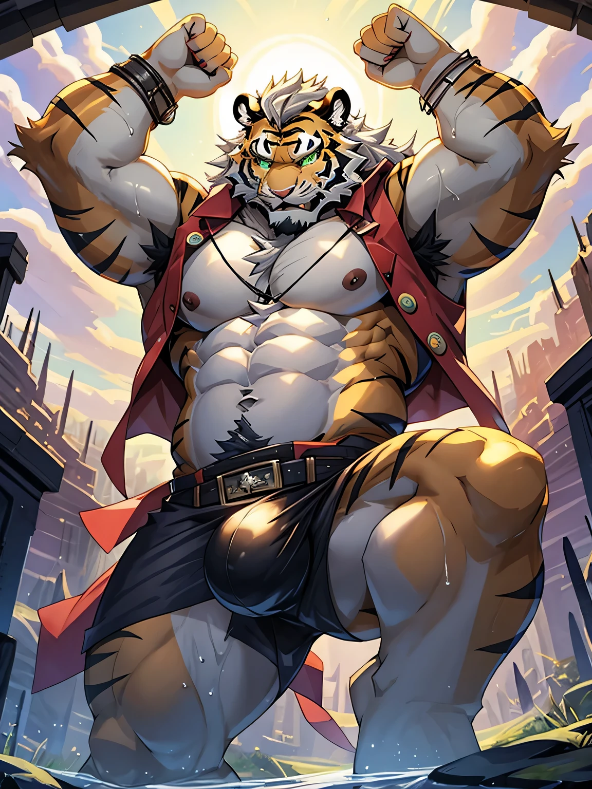 high quality tiger face、Tiger Body、slender body、big body、great abs、detailed abs、very thick and huge penis、abnormally enlarged penis 、very large scrotum、Huge testicles like balance balls、small tail、large amount of pubic hair、large amount of armpit hair,、large amount of chest hair、large amount of belly button hair、large amount of belly hair、large amount of crotch hair、blue and green eyes、angry look、white fang、wet body.、A look that screams、silver mane、ruins background
