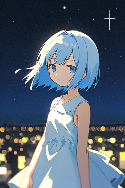 1 👧➕🙂/ upper body/ Eye's➕🌌/ looking at viewer/ Fine and straight hair/ The background can be seen between the fine hair/ thin line/ collarbone/ (white dress/ sleeveless)/ Simple clothes without decoration/ Delicately detailed and delicately drawn/ Roughly drawn lines/ Roughly painted colors/ (🌃:1.2)/ Roughly simplified and drawn background/ Bokeh/ Blurred Backgrounds/ depth of field/ Aerial perspective/