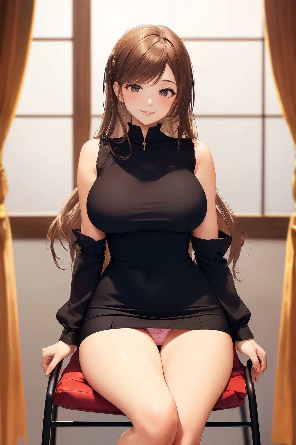 (showing the panties:1.3),1 girl,japanese,tight dress,(mini skirt,panties:1.2),(panties:1.2),smile,(tareme,big breasts,thin brown hair,long hair,(Sitting on a chair,panties:1.2),(From head to thighs),8k, RAW photo, best quality, laughter,masterpiece,highest quality