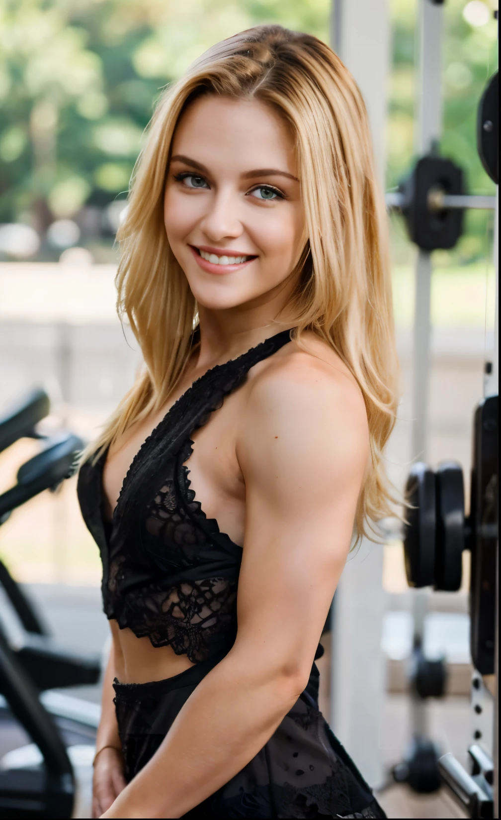 Ultra realistic professional photo of 26 year old blonde woman fitness model, long blonde hair and large eyes, smiling, fashion model face, high quality. Fit, (Muscular:1.3) Biceps. Triceps. Black lace cling dress. blond woman with long hair, sabrina lloyd, high quality, photo, olya bossak, glamour shot, jill stingray, nina tryggvadottir, julia hetta, Irish, big eyes, big smile,
