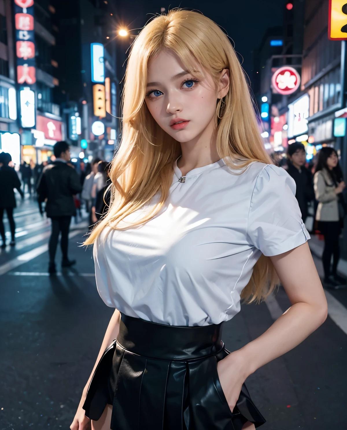 1girl, (Blue Eyes), (Sana Minatozaki), close-up, Big tits, big ass, (Best Quality, 8k, Masterpiece: 1.3), Clear Focus: 1.2, Perfect Body Beauty: 1.4, strong abs, Highly detailed face and skin texture, detailed eyes, double eyelids, (blonde long hair :1.2), (red blouse :1.2), (black skirt :1.2), black high stockings, standing, dynamic pose, in the Shibuya neighborhood at night, Tokyo Japan, illuminated by colorful signs