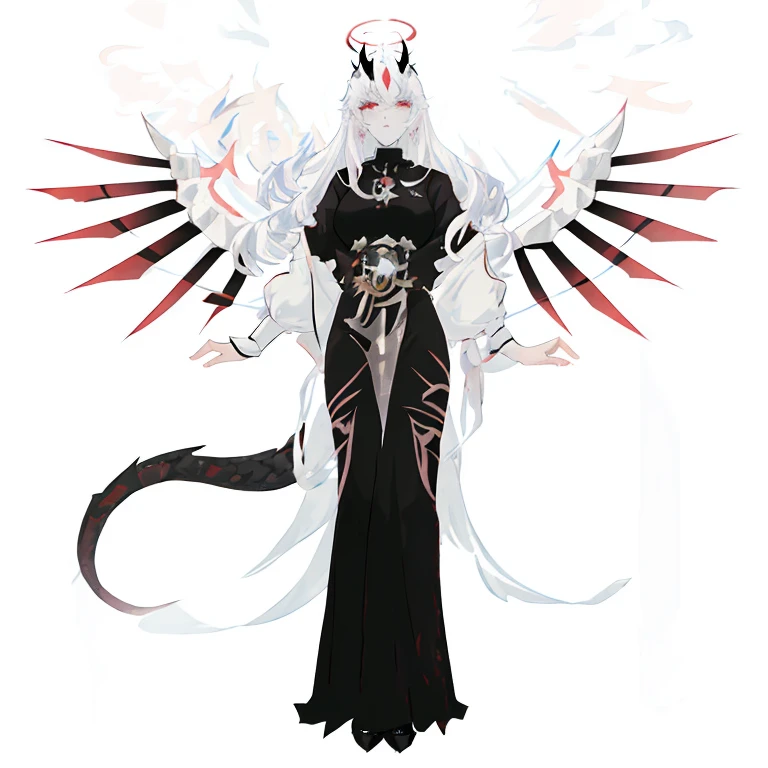 anime style drawing of a woman with white hair and black dress, demonic dragon inspired armor, demon male, white horns queen demon, full body adoptable, human male demon, demon noble character design, beautiful male god of death, female lord of change, male djinn man demon hybrid, full body concept, fit male demon with white horns, djinn man male demon