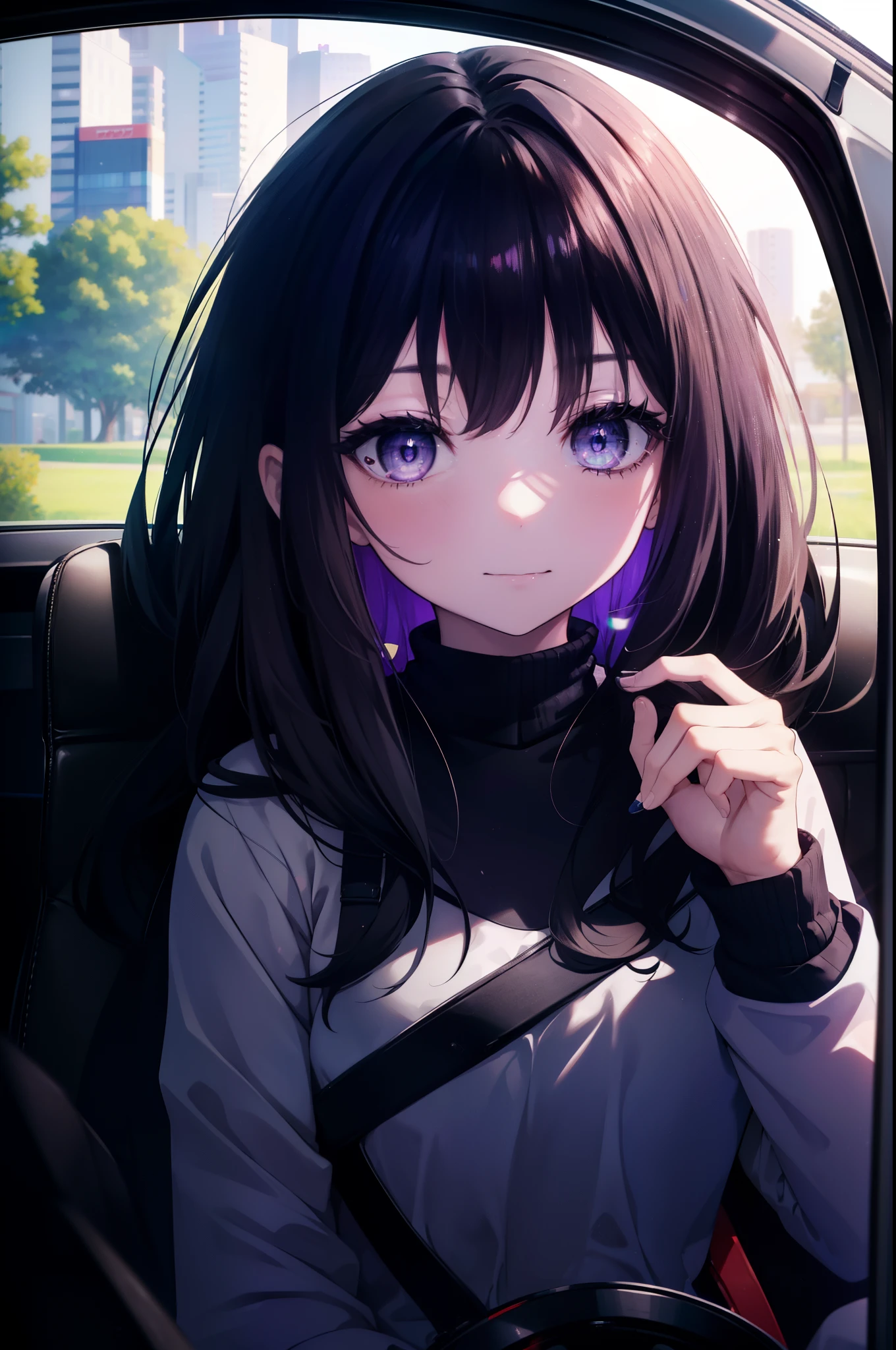 Takiuchi Kame, check it out, long hair, bangs, black hair, (purple eyes:1.2),smile,sweater,shorts,Sitting in the driver's seat of a car,holding the steering wheel,
black hairの女の子が運転する car, volvo v60 interior, Gonzo from the passenger seat, looking at the driver, anime girl driving, at night,
break indoors, Inside the car,
break (masterpiece:1.2), highest quality, High resolution, unity 8k wallpaper, (figure:0.8), (detailed and beautiful eyes:1.6), highly detailed face, perfect lighting, Very detailed CG, (perfect hands, perfect anatomy),
