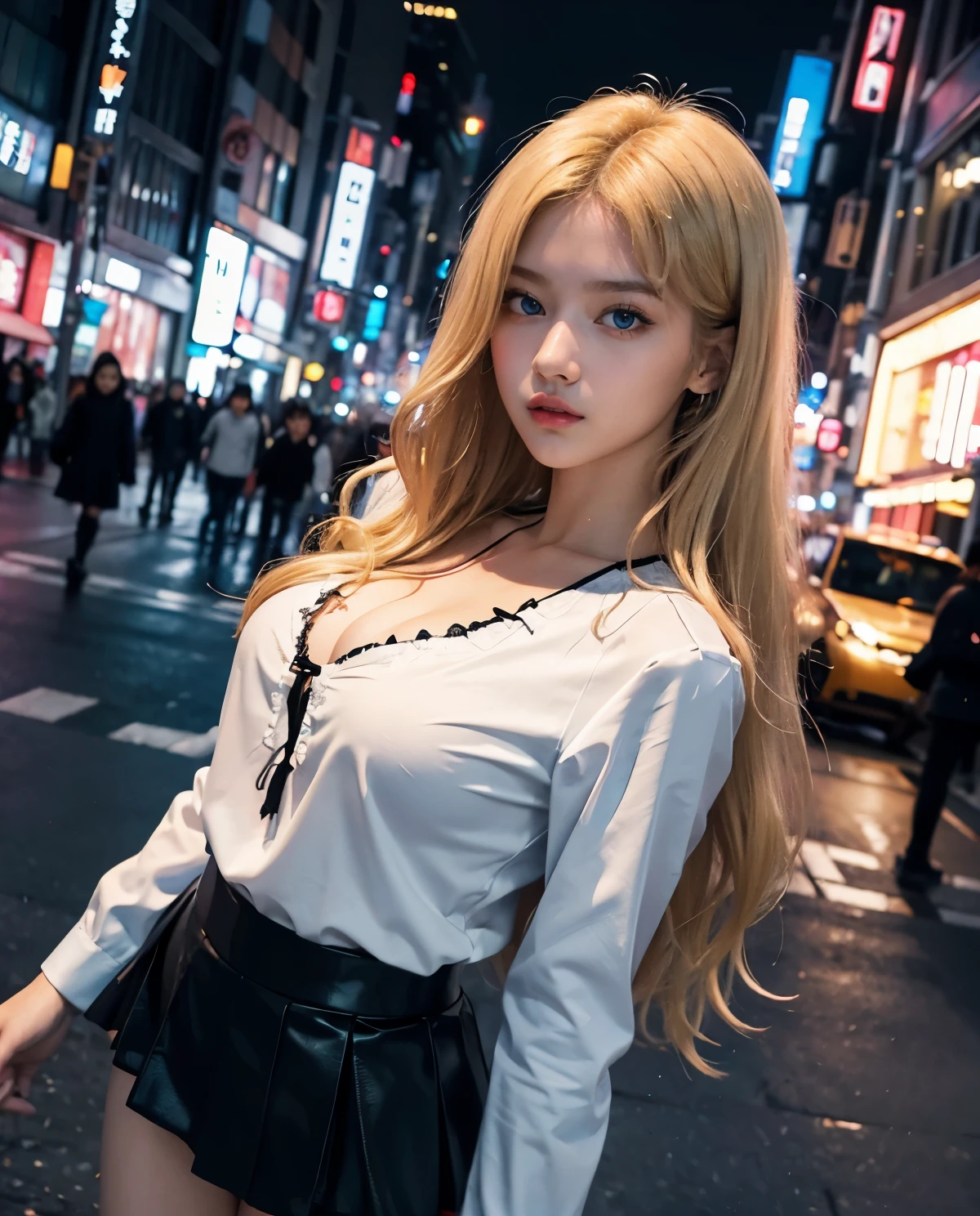 1girl, (Blue Eyes), (Sana Minatozaki), (black blouse :1.3), Big tits, big ass, (Best Quality, 8k, Masterpiece: 1.3), Clear Focus: 1.2, Perfect Body Beauty: 1.4, strong abs, Highly detailed face and skin texture, detailed eyes, double eyelids, (blonde long hair :1.2), (red skirt :1.2), standing, showing cleavage, in the Shibuya neighborhood at night, Tokyo Japan, illuminated by colorful signs