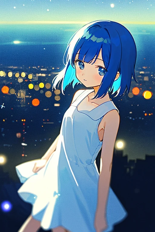 1 👧➕🙂/ upper body/ Eye's➕🌌/ looking at viewer/ Fine and straight hair/ The background can be seen between the fine hair/ thin line/ collarbone/ (white dress/ sleeveless)/ Simple clothes without decoration/ Delicately detailed and delicately drawn/ Roughly drawn lines/ Roughly painted colors/ (🌃:1.2)/ Roughly simplified and drawn background/ Bokeh/ Blurred Backgrounds/ depth of field/ Aerial perspective/