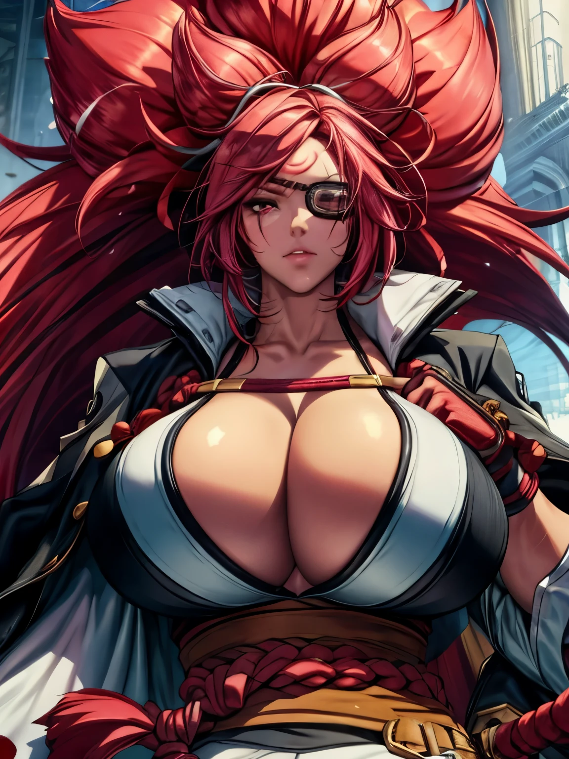 melhor qualidade, ultra high resolution,detailed facial features,HDR,8k resolution, big breasts, big hair, gloves, huge breasts, large breasts, looking at viewer, one eye, pink hair, rope belt, scar