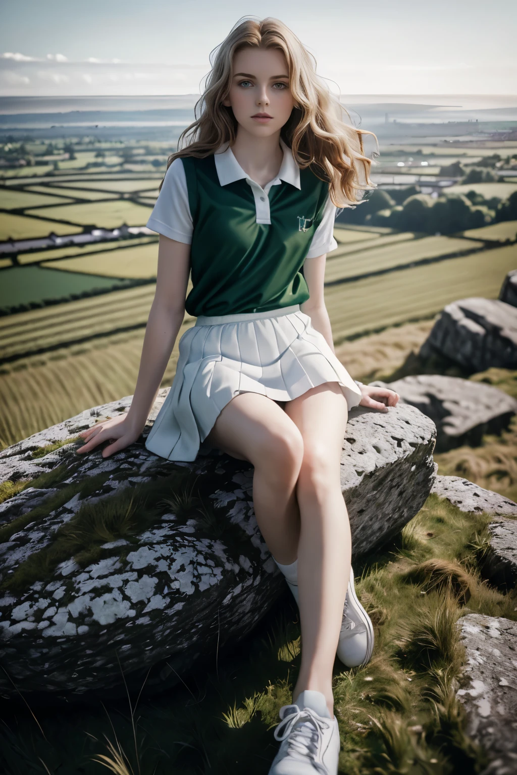 masterpiece, best quality, hyperrealistic, cinematic photo,  girl, ((pale skin)), British amazing slim body, ((Green School Jersey, White skirt)), ((White sneakers)), short auburn wavy hair, perfect slender legs, wide hips, perfect hands, beautiful face, perfect face, youthful, (blured background), modern style, from below, (low-angle shoot), low_angle_human, towering, (full body shot), sitting on a rock, underneath shot, (view viewer), looking at viewer,(8k, epic composition, photorealistic, sharp focus), detailed background, ((On a field in Ireland)), DSLR, foil grain, mist around