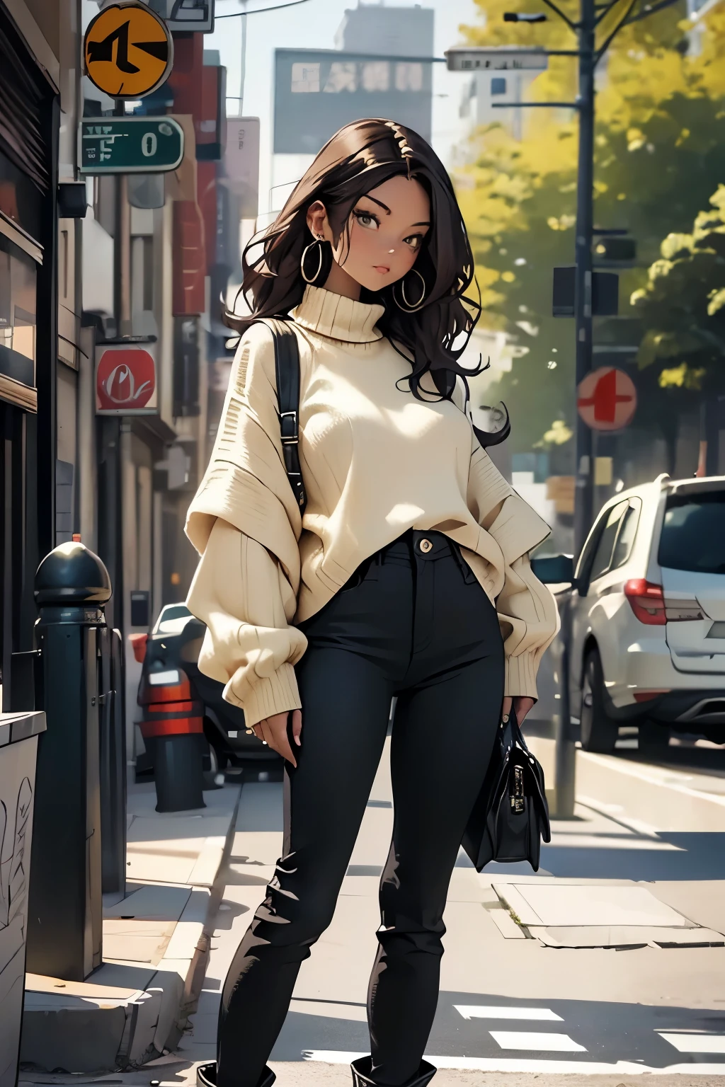 (masterpiece: 1.2, best quality), 1lady, solo, big tits Dark skinny jeans, oversized sweater, ankle boots, sharp focus, Loose waves, central part Simple hoop earrings, cool, cool, fashionable, rockstar Green Park