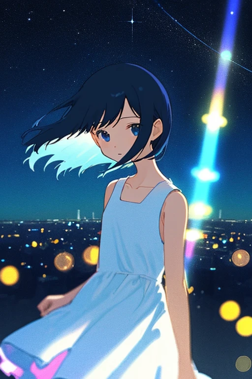1 👧➕🙂/ upper body/ Eye's➕🌌/ looking at viewer/ Fine and straight hair/ The background can be seen between the fine hair/ thin line/ collarbone/ (white dress/ sleeveless)/ Simple clothes without decoration/ Delicately detailed and delicately drawn/ Roughly drawn lines/ Roughly painted colors/ (🌃:1.2)/ Roughly simplified and drawn background/ Bokeh/ Blurred Backgrounds/ depth of field/ Aerial perspective/