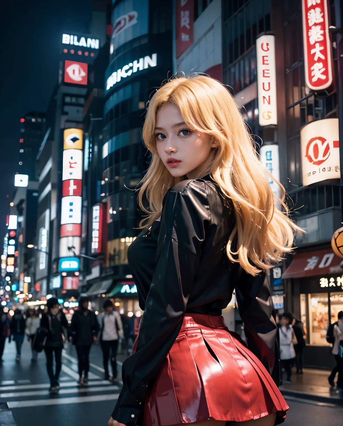 1girl, (Blue Eyes), (Sana Minatozaki), (black blouse :1.3), Big tits, big ass, (Best Quality, 8k, Masterpiece: 1.3), Clear Focus: 1.2, Perfect Body Beauty: 1.4, strong abs, Highly detailed face and skin texture, detailed eyes, double eyelids, (blonde long hair :1.2), (red skirt :1.2), standing, showing cleavage, in the Shibuya neighborhood at night, Tokyo Japan, illuminated by colorful signs