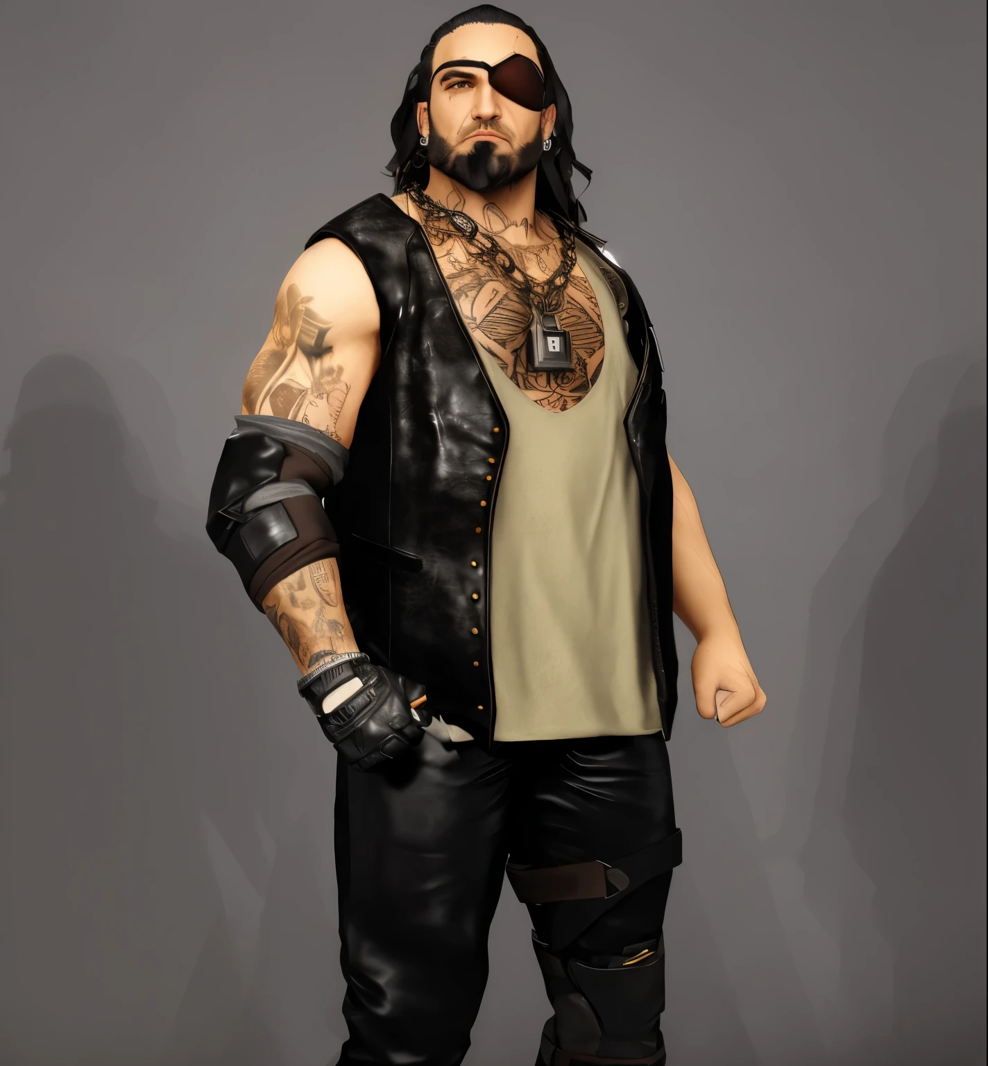 ((masterpiece, best quality)), man with a beard and leather vest posing for a picture, mechanic punk outfit, chain and padlock necklace, eye patch on eyehighly detailed character, male character, johnny silverhand, technoviking male with no shirt, cyberpunk street goon, diesel punk, inspired by Volkan Baga, as a character in tekken, new character, heavy looking, highly detailed full body, full body character, cinematic full character, photo realistic, intricate details
