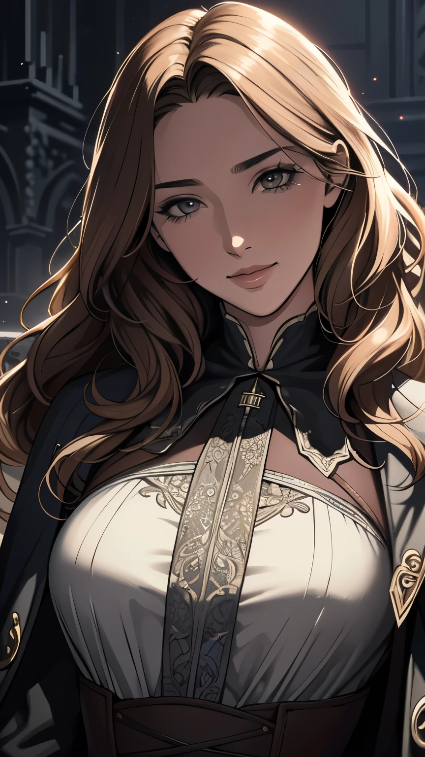 masterpiece quality, high quality, intricate details, beautiful, great quality, dynamic lighting, cinematic lighting, Natural light, Cinematic details, bloodborne, strict, dark, fantasy, horror, Hunter in Georgian clothing from England, portrait, Face-to-face audience, beast hunter, friendly expression, eyes with highlights, Dirty gray and brown leather outfit, Moonlight night, Vibrant skin, beautiful, woman, long wavy hair, 25 years old armpit hair, beautiful smile, excess pubic hair