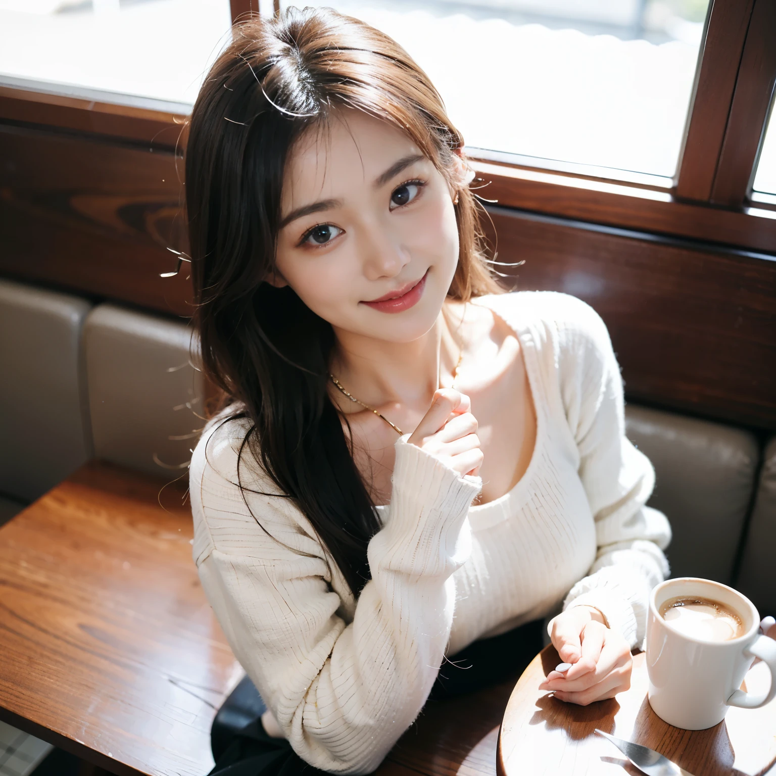 (top-quality、8K、32K、​masterpiece、Photorealsitic:1.4、nffsw:1.2)、Photo of a cute Japanese woman、Colossal tits:1.4、very short bobbed hai, coffee cup in her hand 、sface focus、Oversized_Sweaters、a necklace、simple background、From  above、looking at the viewers、cleavage of the breast:1.5、Balanced body , Coffee cafe, coffee in front of her, cute smile, coffee cup, seat on table, ultra details, ultra realistic expression, busy cafe , customer in coffee cafe