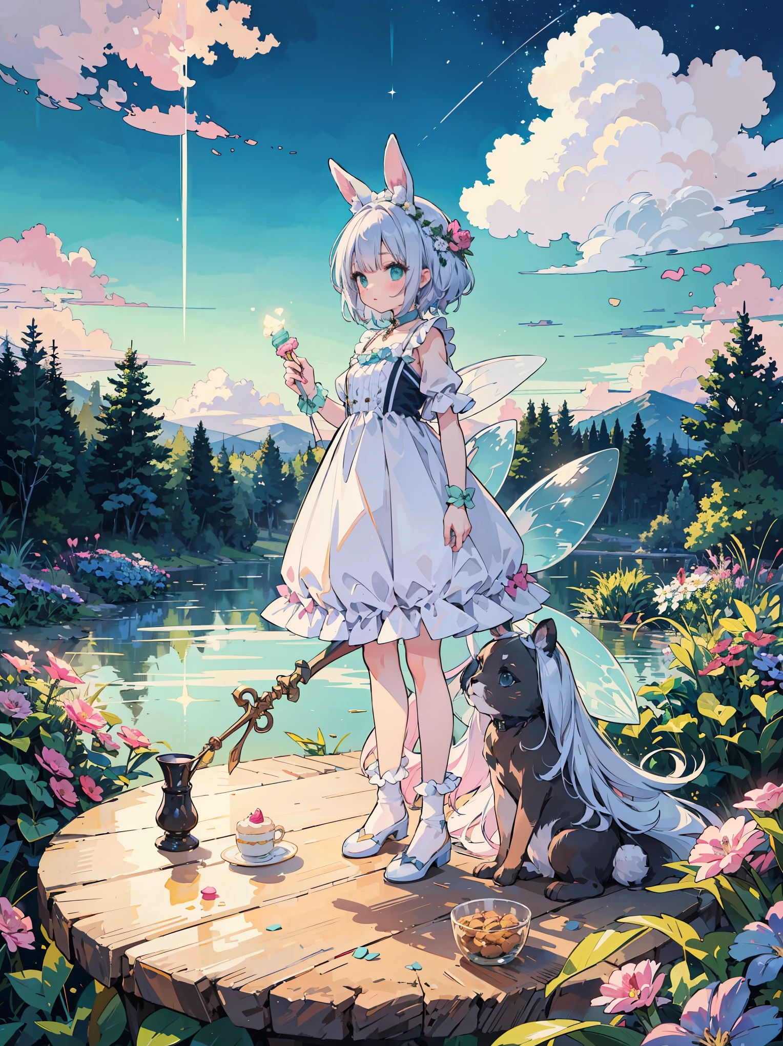 ((masterpiece)), ((top quality)), (super detailed), ((cute)), cute, (lovely), ((unbelievably super cute)), ((very detailed)), 4k, (8k), top quality, 

Guidelines for creating illustrations that express a "dreamy cute" worldview.

Theme:.

Dreamy fairy-tale world
Sweet and romantic atmosphere
Expressing a girl's longing
Elements: 1.

1. colors: pastel colors: pink, light blue, lavender, mint green, etc.

Pastel colors: pink, light blue, lavender, mint green, etc.
Light shades: white, beige, cream, etc.
Sparkling elements: gold, silver, pearls, etc.
2. motifs: animals

Animals: rabbits, cats, bears, unicorns, etc.
Sweets: cakes, macaroons, ice cream, etc.
Magic items: walking sticks, tiaras, magic wands, etc.
Flowers: roses, ranunculus, violets, etc.
3. composition

Dreamy landscape: above the clouds, rainbow, castle, etc.
Girl in the center: sitting, standing, playing, etc.
Painted with animals or sweets
Fairy-tale accessories: hearts, stars, ribbons, etc.
4. tastes: soft line drawings

Soft line drawings
Delicate depiction
Rounded forms
Watercolor, pastel-like texture
Generated example: A girl in a pink dress on a cloud with a rabbit and a macaron.

Above the clouds, a girl in a pink dress is holding a rabbit and macaroons
Girl on unicorn flying toward rainbow against lavender sky
In a mint green castle, a girl is making a cake with a magic stick
In a white room decorated with lace and ribbons, a girl is having a tea party.