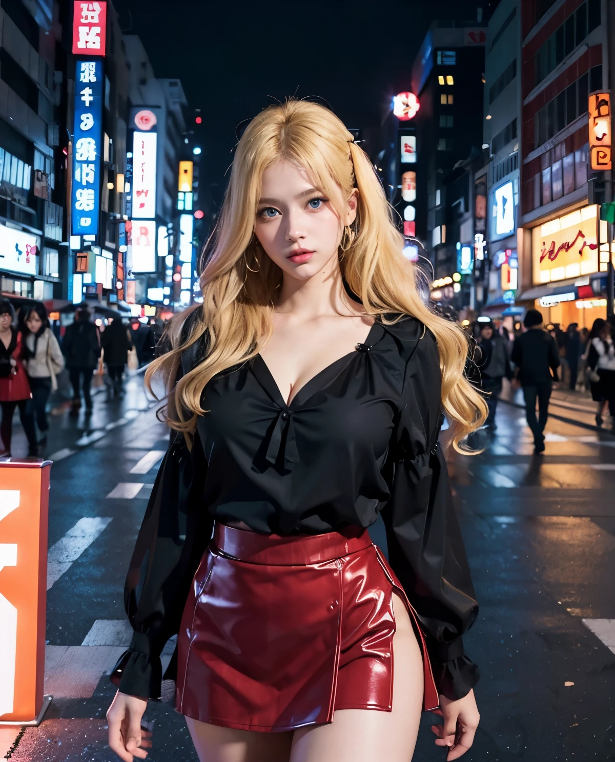 1girl, (Blue Eyes), (Sana Minatozaki), (black blouse :1.3), Big tits, big ass, (Best Quality, 8k, Masterpiece: 1.3), Clear Focus: 1.2, Perfect Body Beauty: 1.4, strong abs, Highly detailed face and skin texture, detailed eyes, double eyelids, (blonde long hair :1.2), (red skirt :1.2), standing, showing cleavage, in the Shibuya neighborhood at night, Tokyo Japan, illuminated by colorful signs